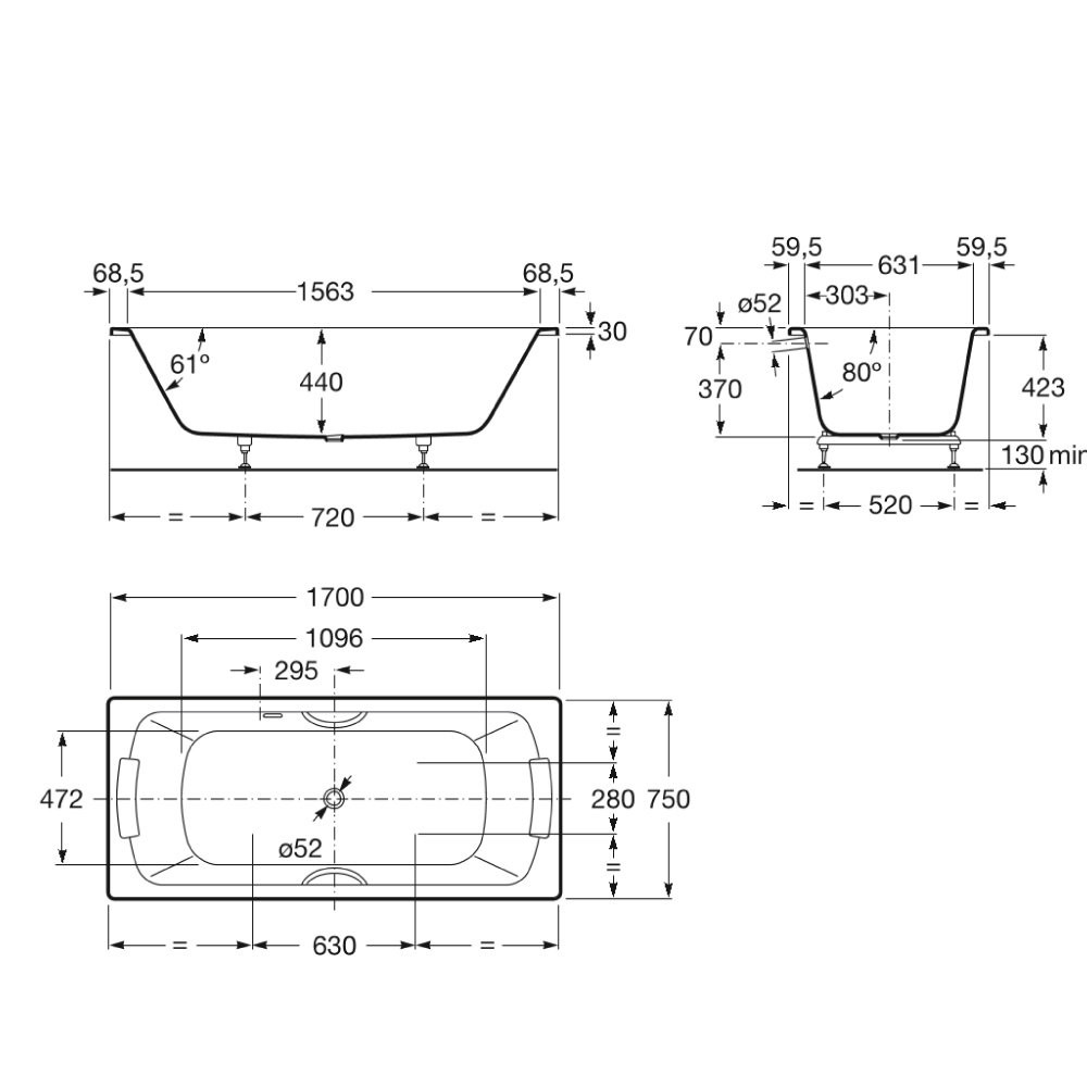 Roca Lun Plus 1700x750mm DropIn Bathtub With AntiSlip Base And Grips