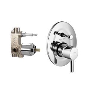 Cera Ripple 5-way (3 inlets + 2 outlets) single lever concealed diverter system consisting of Exposed part (lever, tip ton knob, wall flange) and Concealed part (cartridge with button assembly, cartridge s