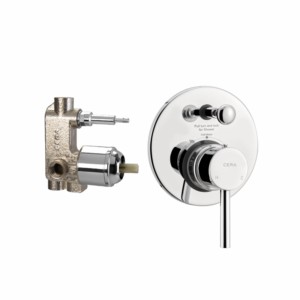 Cera Fountain 5-way (3 inlets + 2 outlets) single lever concealed diverter system consisting of Exposed part (lever, tip ton knob, flange) and Concealed part (cartridge with button assembly, cartridge sleeve)