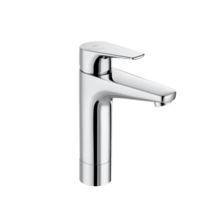 Roca Atlas Mezzo Plus Spout Basin Mixer, Smooth Body With Aerator And Flexible Supply Connections Cold Start Chrome