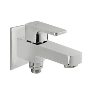 Roca Escuadra Cold Tap Two Way Bib Cock Two-Way Bib Tap With Bottom Outlet For Connecting Health Faucet, Decor Base Plate, Easy Clean Brass Nut Aerator, Quarter Turn Operation Chrome
