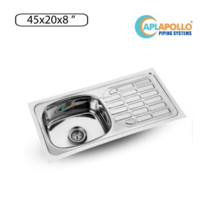 APL Apollo Classic 45x20x8inch Single Bowl with Drain Board Kitchen Sink