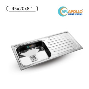 APL Apollo Edge 45x20x8inch Single Bowl with Drain Board Kitchen Sink
